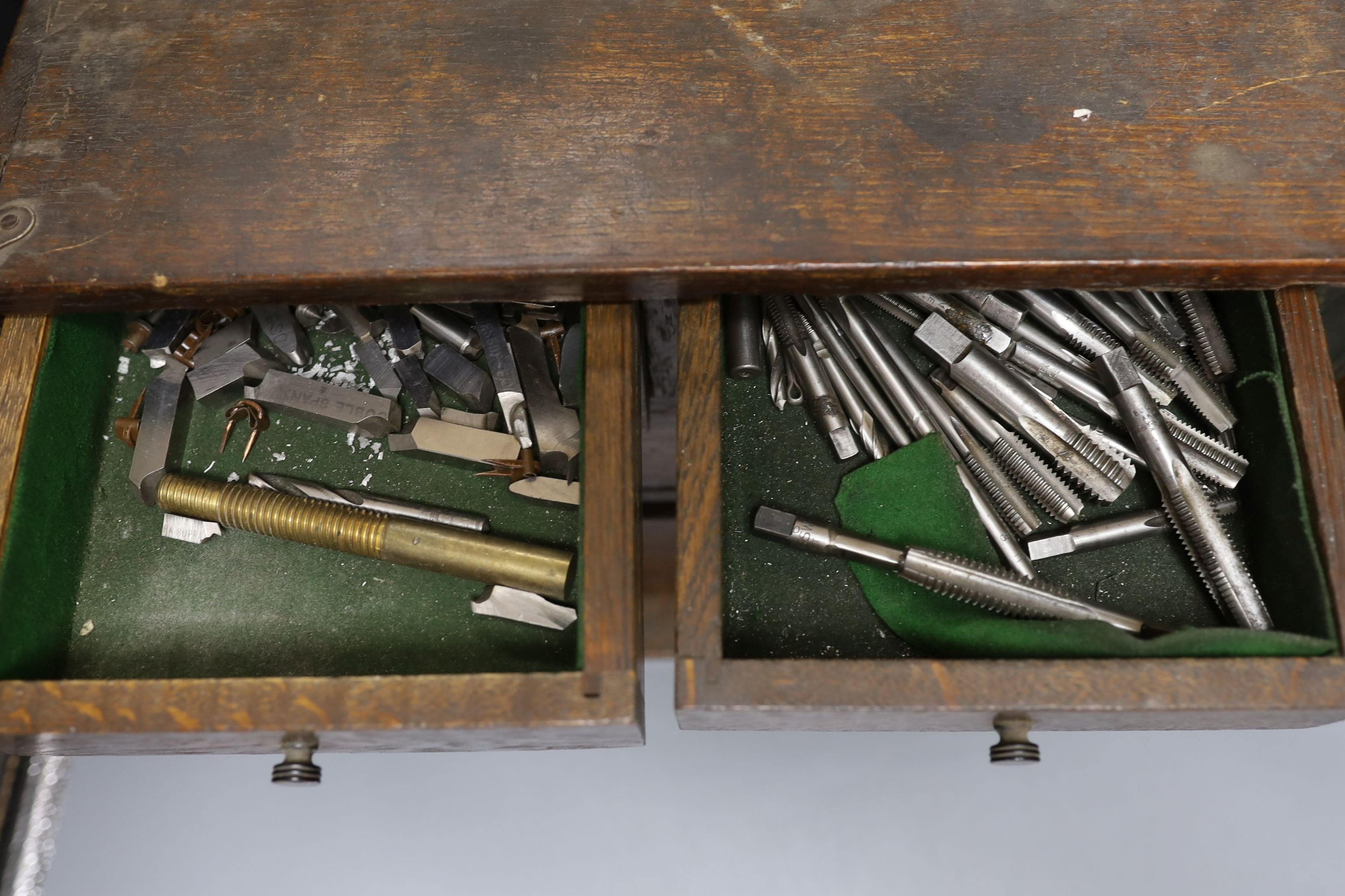 An oak cased collection of precision engineering tools - 36cm tall